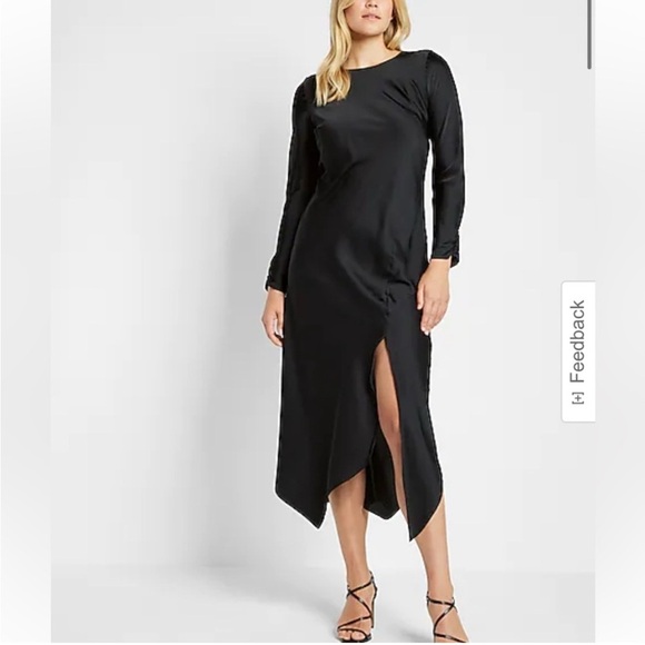 NEW EXPRESS $98 BLACK SATIN LONG SLEEVE ASYMMETRICAL HEM MAXI DRESS SIZE LARGE - Picture 1 of 12